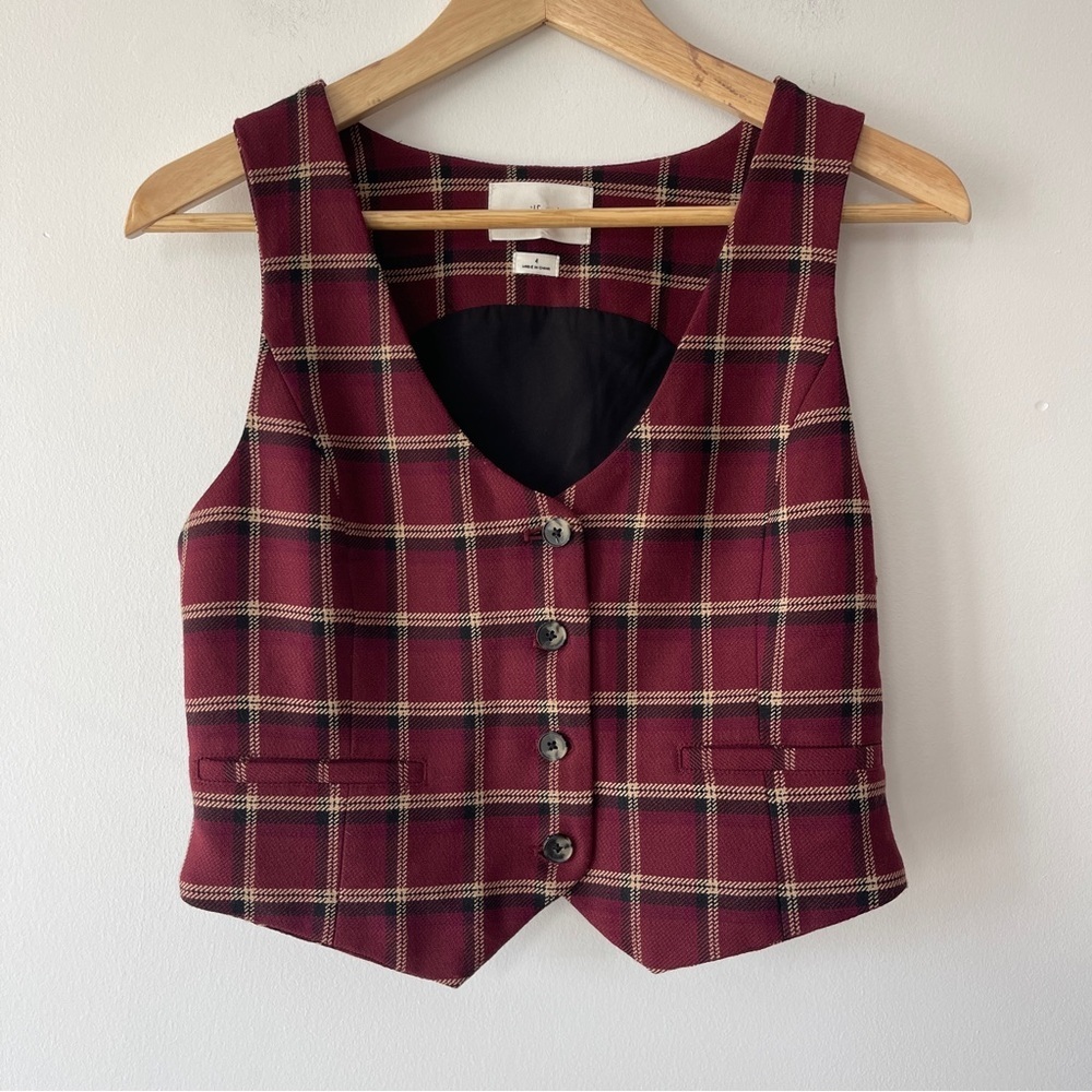 Wilfred Vest Desire suit vest burgundy black plaid 4  work casual business
